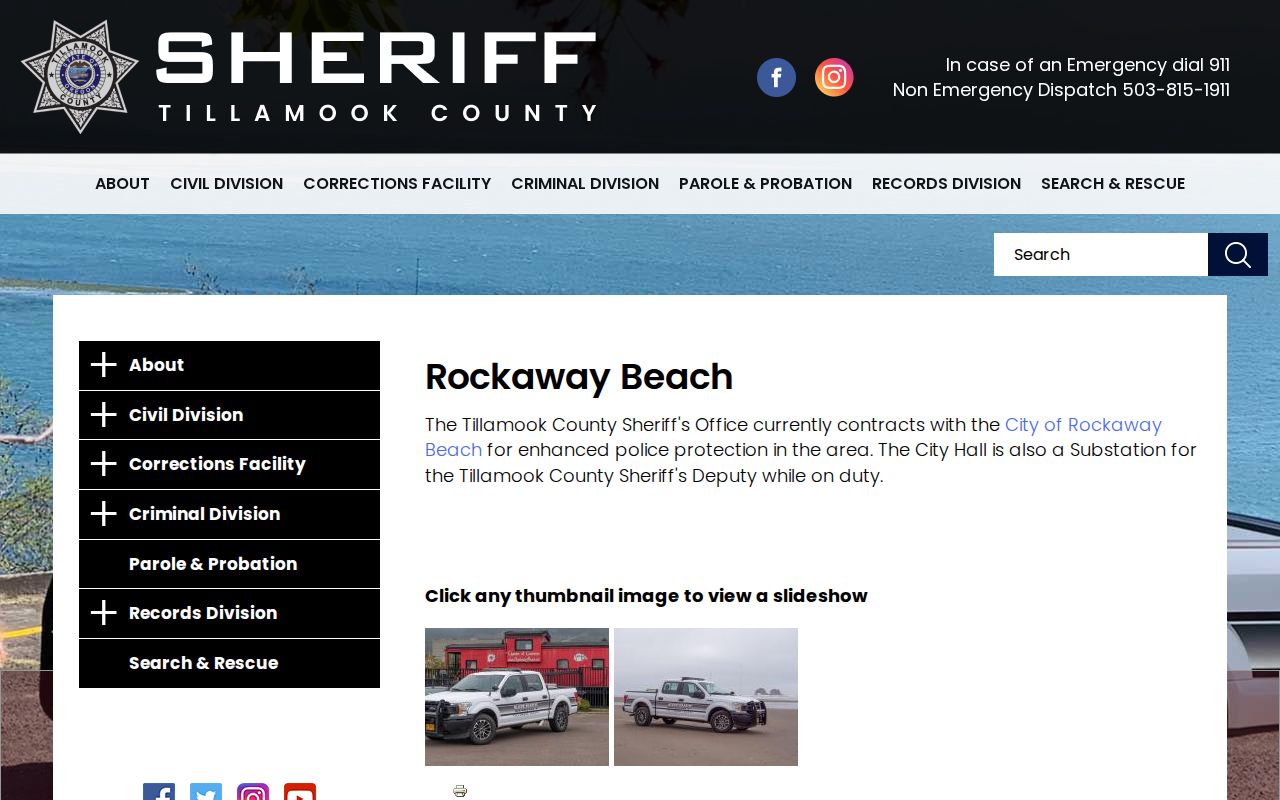 Tillamook County booking-record context on the Rockaway Beach Sheriff contract patrol page
