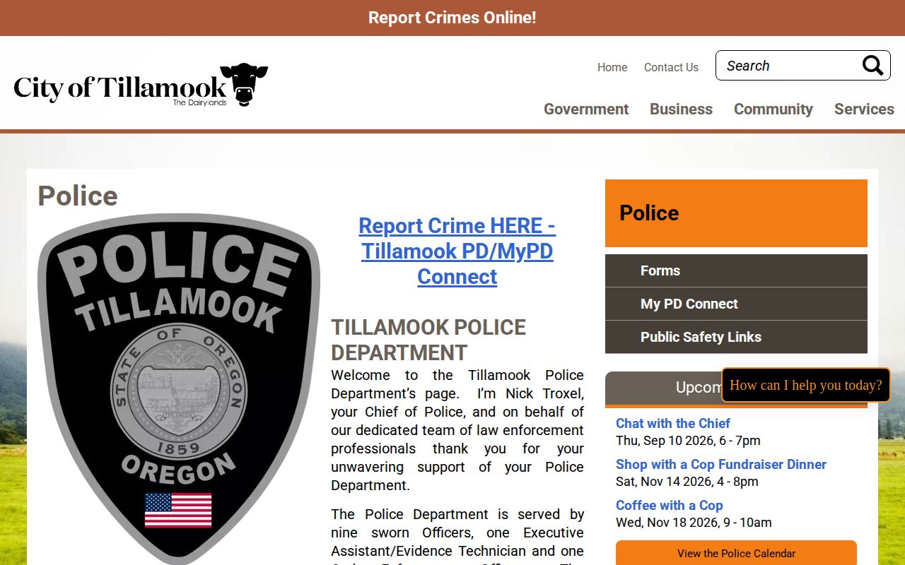 Tillamook County booking-record context on the Tillamook Police Department page