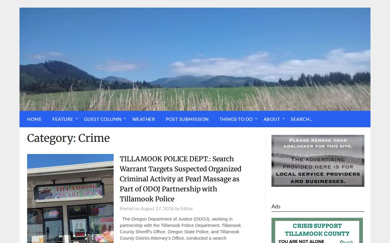 Tillamook County crime news source shown as a local editorial category