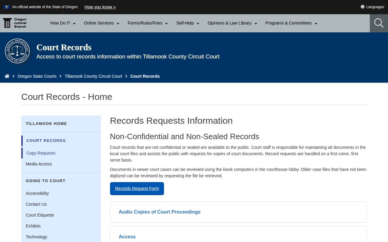 Tillamook County court record and booking disposition route