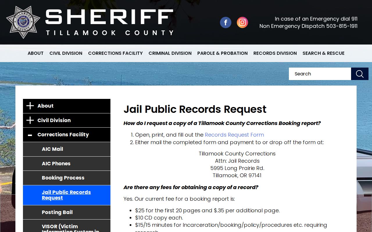 Tillamook County jail booking record request form and process