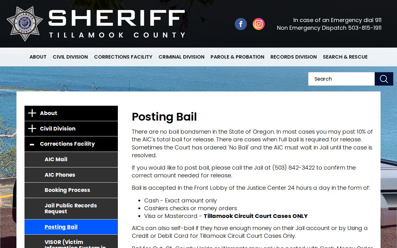 Tillamook County jail bail and release record information