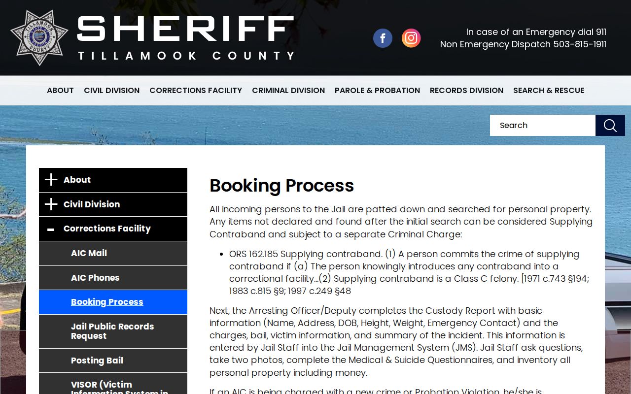 Tillamook County booking record intake process information